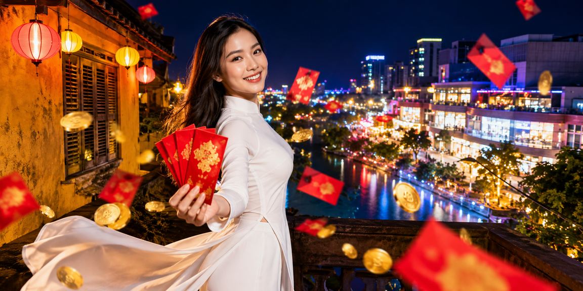 Người phụ nữ mặc áo dài cầm phong bao đỏ tại Hội An mừng trúng xổ số
